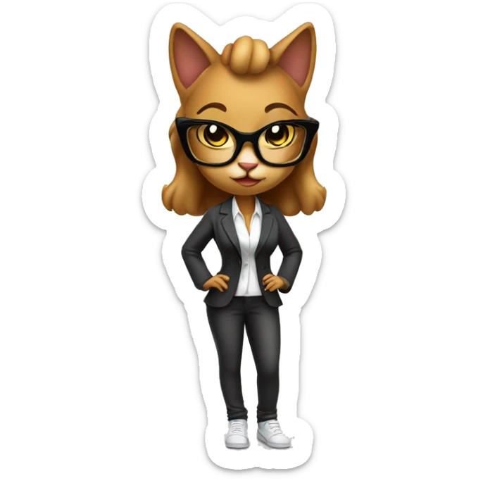 Mulatto hiphop confident business young female cat full body pfp with smart glasses sticker