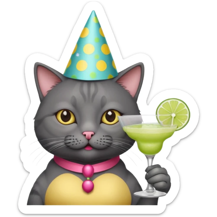 An old, dark grey cat is wearing a party hat, and drinking a margarita. sticker