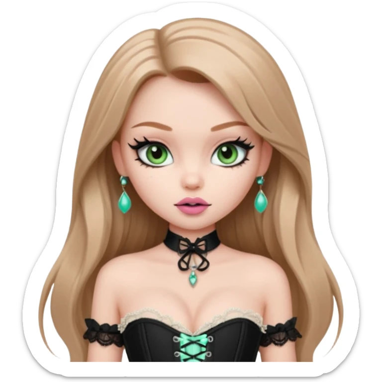 pretty bratz girl, long straight LIGHT BROWN HAIR, jade green eyes, black eyeliner, pale skin, black corset clothes with laces sticker