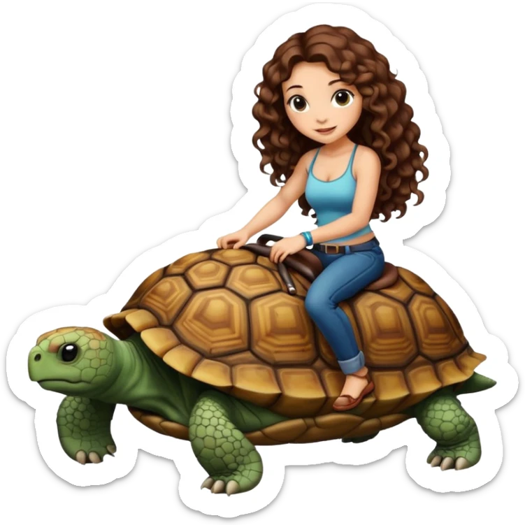ccute woman long curly brown hair tattoos riding big tortoise sticker
