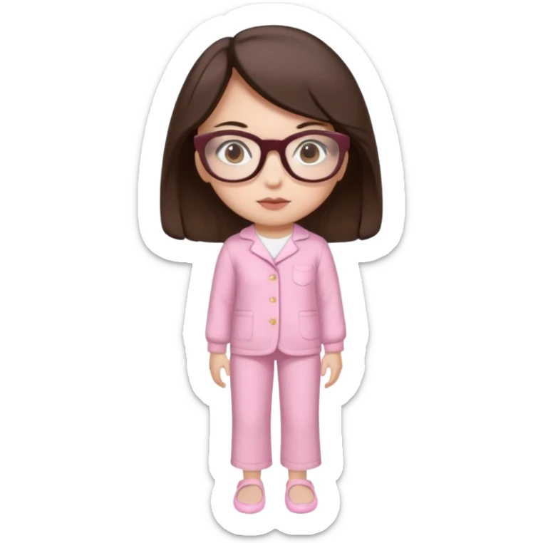 Girl with dark brown hair, light skin, brown eyes, wearing a miu miu glasses the brown ones, and wearing a top in white with a pair of pyjama pants in pink and a slipper in white  sticker