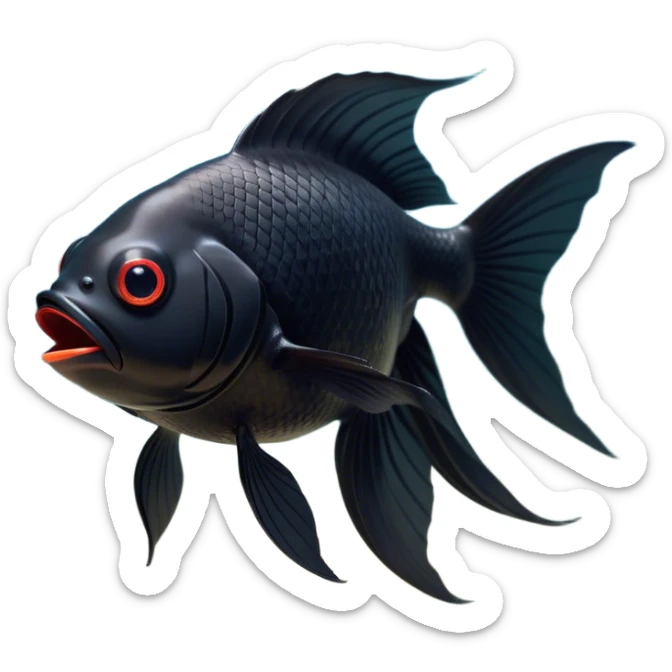 Cinematic Cute Yawning Black Goldfish Portrait Emoji, Head tilted slightly with a dramatic, wide-open yawn, showcasing a smooth, deep black body with elegant, flowing fins, eyes barely open in drowsy contentment, Simplified yet irresistibly adorable features, highly detailed, glowing with a soft, cozy glow, high shine, relaxed yet expressive, stylized with a touch of whimsy, bright and endearing, soft glowing outline, capturing the essence of a sleepy yet affectionate goldfish, so drowsy it feels like it could float out of the screen and curl up for a nap! sticker