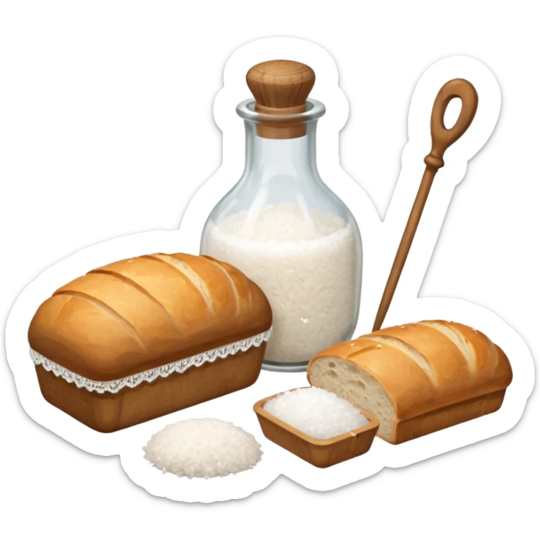 a one victorian bottle of salt and a loaf of bread - crochet needles and a ball of wool sticker