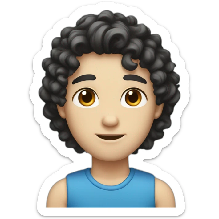 White skinny boy, curly medium long hair, black Eyes, black hair, blue skirt sticker