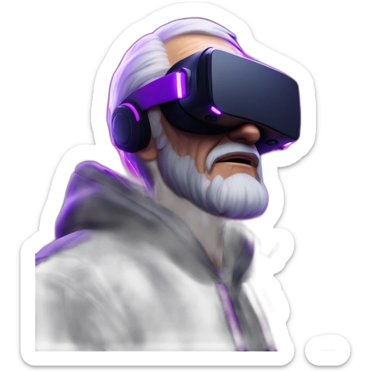 Russian old man wearing a black hoodie with "OMG" letters on it and VR headset in a cyberpunk VR environment with violet neon lighting. sticker