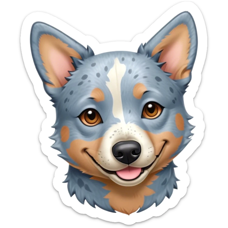 Meme-Worthy Cute Sleeping Blue Speckle Australian Cattle Dog Portrait Emoji, Head resting peacefully with a contented smile, showcasing a robust build and a luxuriously soft blue speckle Fur, eyes shut in a serene nap, Simplified yet hilariously adorable features, highly detailed, glowing with a soft, drowsy light, high shine, relaxed and utterly lovable, stylized with an air of playful laziness, bright and heartwarming, soft glowing outline, capturing the essence of a comically sleepy herder, so meme-worthy it feels like it could instantly become the next viral sensation of adorable slumber! sticker