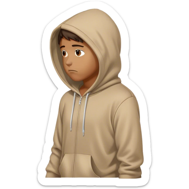 Tan person with hoodie on looking sad and walking with hands in his hoodie, viewed from the side sticker