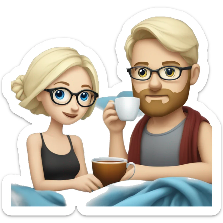 Pale blonde girl with blue eyes wearing glasses and pale man with short black hair and beard drinking tea under a blanket sticker