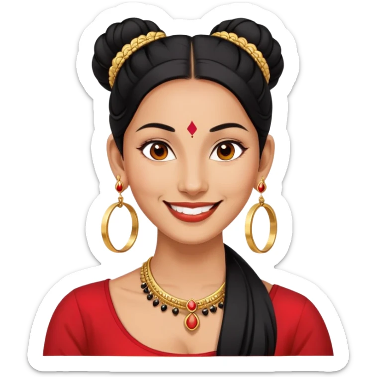 Phụ nữ 35 tuổi, da vàng, tóc buộc dài màu đen, có chấm đỏ bindi trên trán, mặt cười tươi, đeo khuyên tai tròn to bằng vàng, nửa thân trên sticker