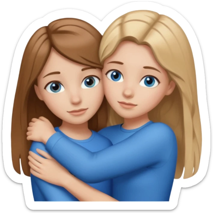 two Girls, Brown and Blonde hair, with Blue Eyes hugging one has Brown hair sticker