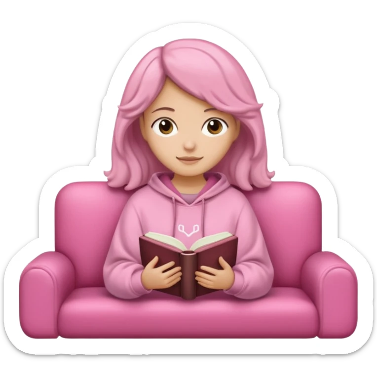 Una chica linda de cabello oscuro con ondas hasta los hombros de piel blanca con una sudadera rosa en un sofá cómodo y hermoso leyendo la biblia sticker