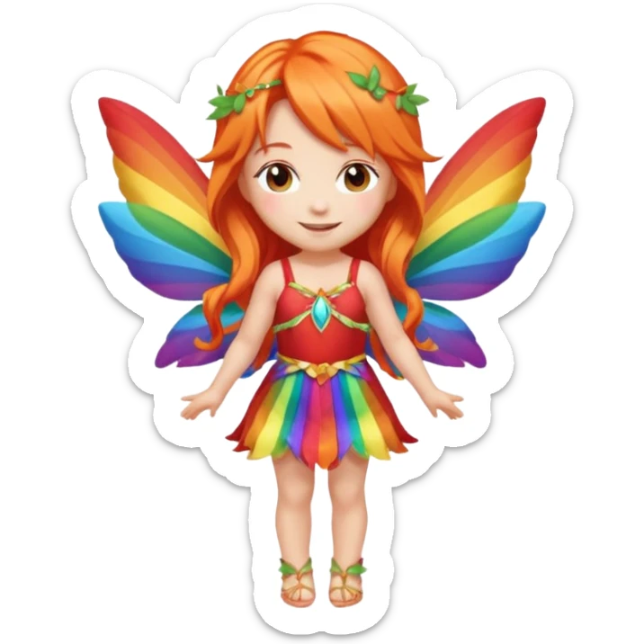 fairy with long orange hair, rainbow wings, red dress, happy, chibi full body sticker
