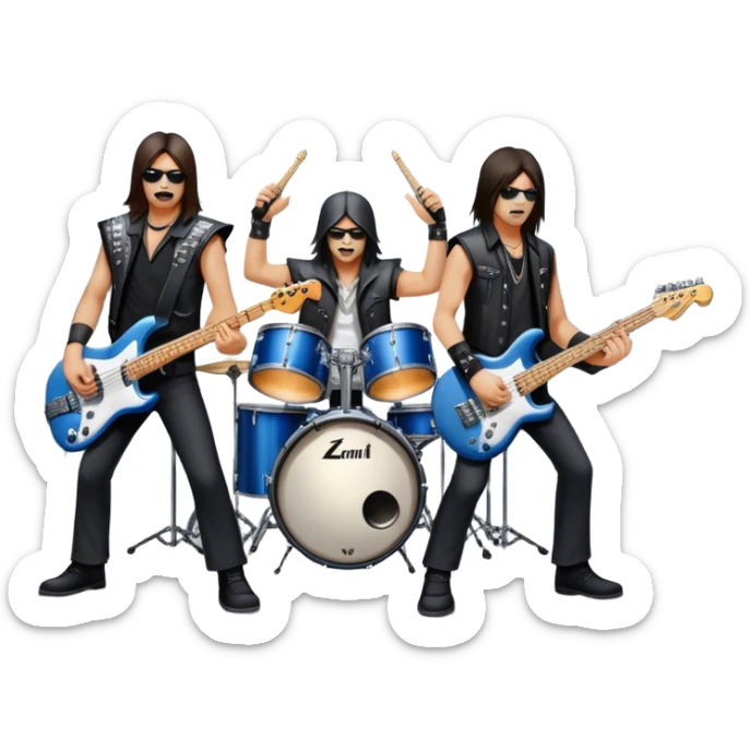 Icon for Metal Music: metal band on stage with 4 musicians playing electric guitars, bass, and drums. The atmosphere is intense, with flashing lights, smoke, and energetic stage presence. The vibe is powerful and electric. Transparent background. sticker