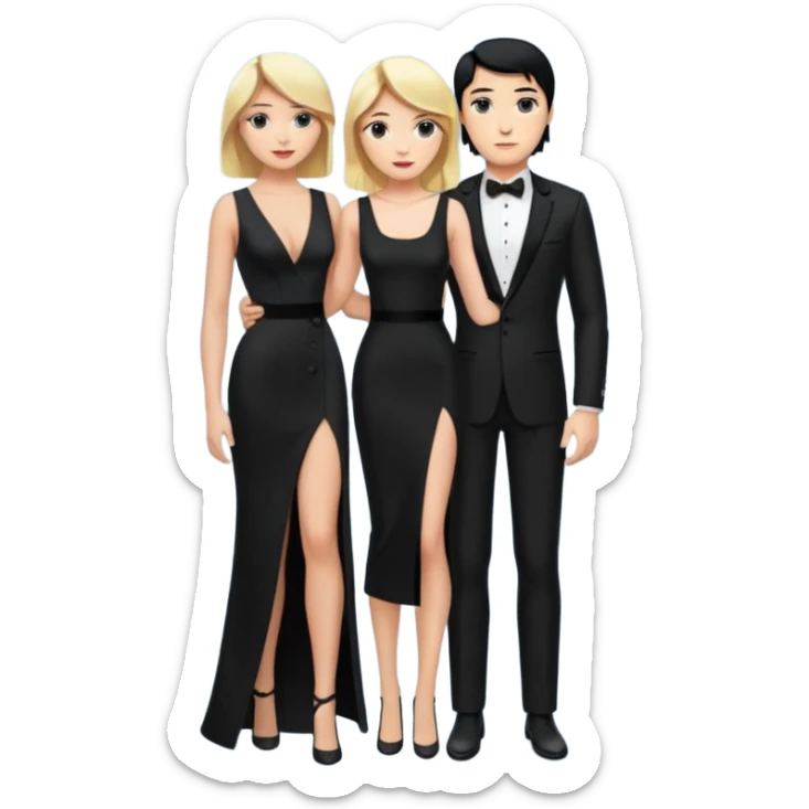 Blonde woman, black, Long, tight, sleveless Dress, Slot left Leg, man, black Hair, in Dinner jacket sticker