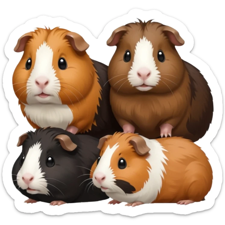 a group of 8 guinea pigs 2  big and creme colour 2 big and black 1 small black white and brown 1 small black and brown 1 small white and 1 small creme  sticker