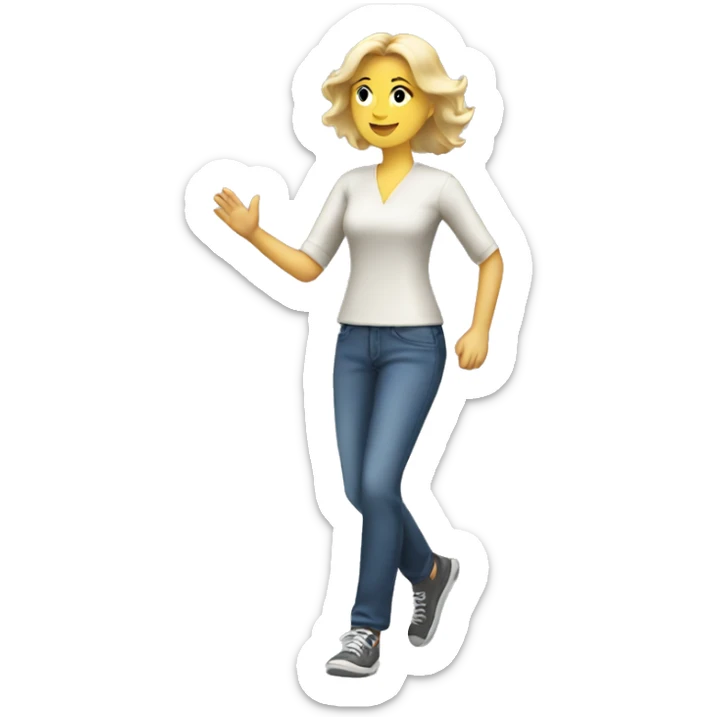 walking, white woman, a blonde, friendly waving, casual dress sticker