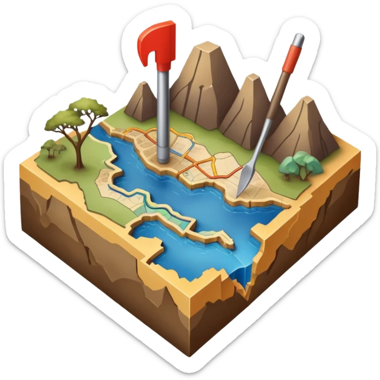 An icon featuring a crowbar and a geological map, and layers of Earth’s crust, symbolizing geology. The design includes mineral samples, fossils, and tectonic plates, representing the study of Earth’s structure and natural processes. Transparent background highlights geological exploration sticker