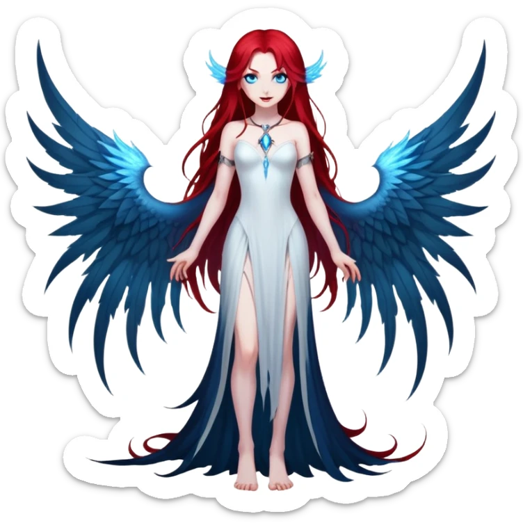 full body portrait of an extremely diabolical girl with pale white skin, massive towering wings, very long flowing blood red hair, glowing blue eyes, black hellfire aura, completely plain head with no accessories or features except hair, evil grin, no necklace sticker