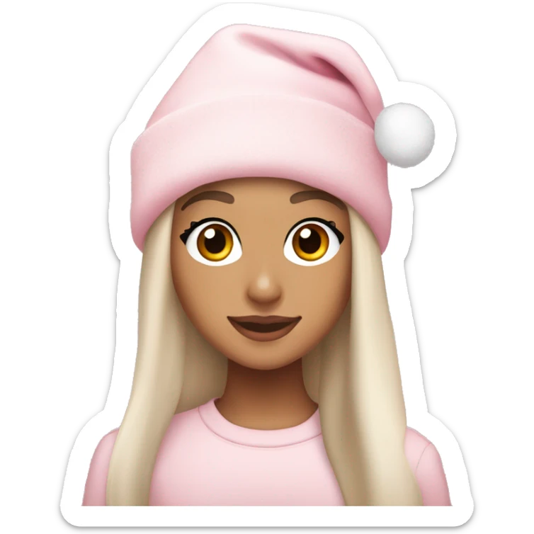 Ariana grande in a light pink christmas outfit wearing a light pink christmas hat sticker