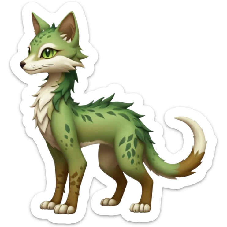 Kawaii cool edgy brown beige white fantasy ethereal feline-vernid-sergal-fursona animal creature with a tufted tail full body with intricate markings, hazel-gold-green eyes sticker