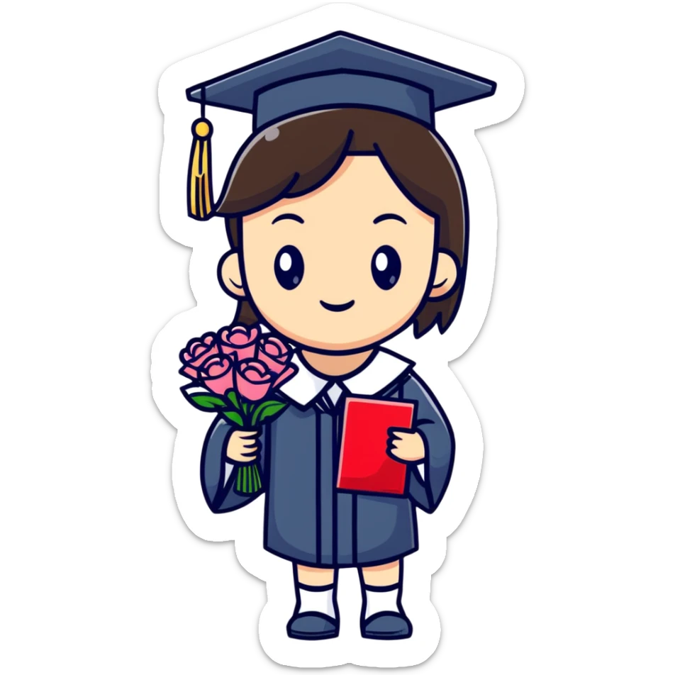 Cute Japanese high school girl in graduation ceremony with bouquet and diploma sticker