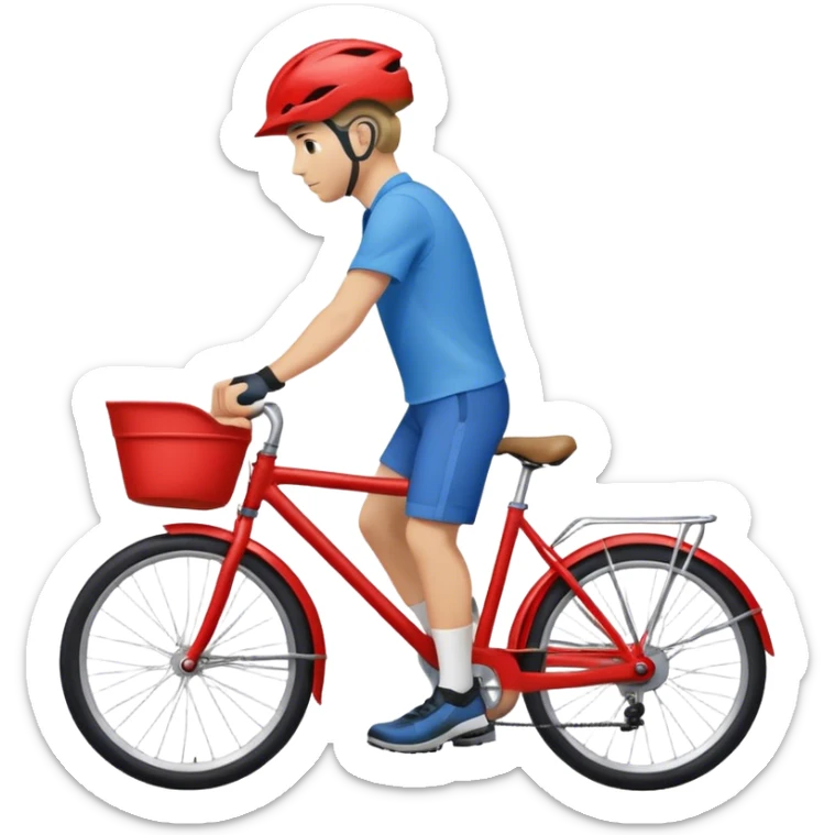 a white man, wearing blue shirt, walking next to his red bike, a bicycle helmet on the head sticker