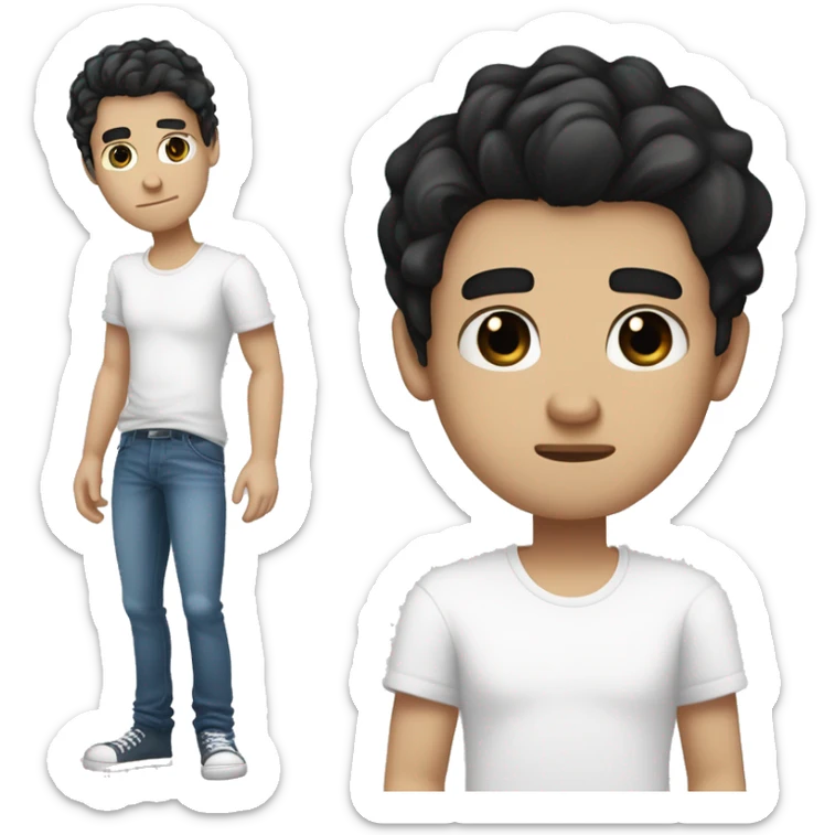 A guy with pale skin, black eyes, tired look, tousled black hair, in a white T-shirt and blue jeans, barefootA guy with pale skin, dark circles under his eyes, black eyes, tired look, tousled black hair, in a white T-shirt and blue je sticker