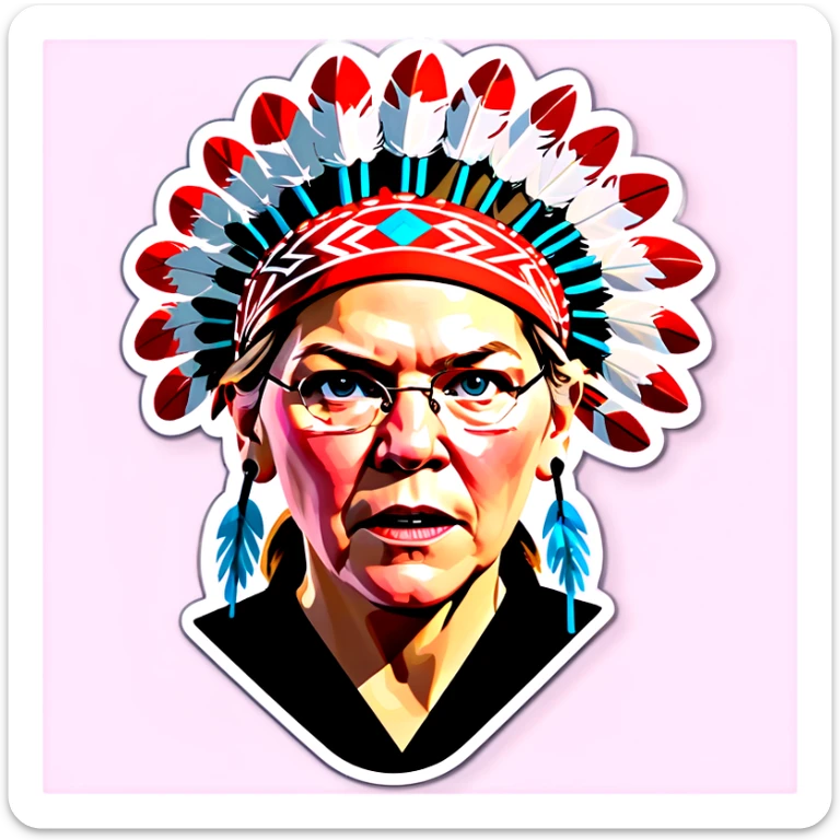 Make a picture of Senator Elizabeth Warren with a traditional Native American headdress make it less cartoonish without the braids make it more realistic accentuate her wrinkles and more realistic  sticker