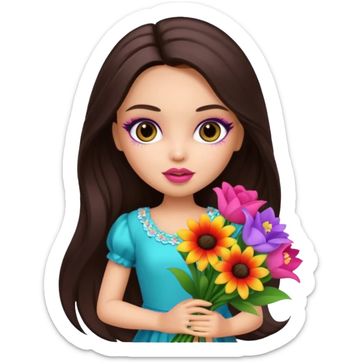  pretty bratz doll with makeup , long dark brown hair holding big bouquet of flowers  sticker