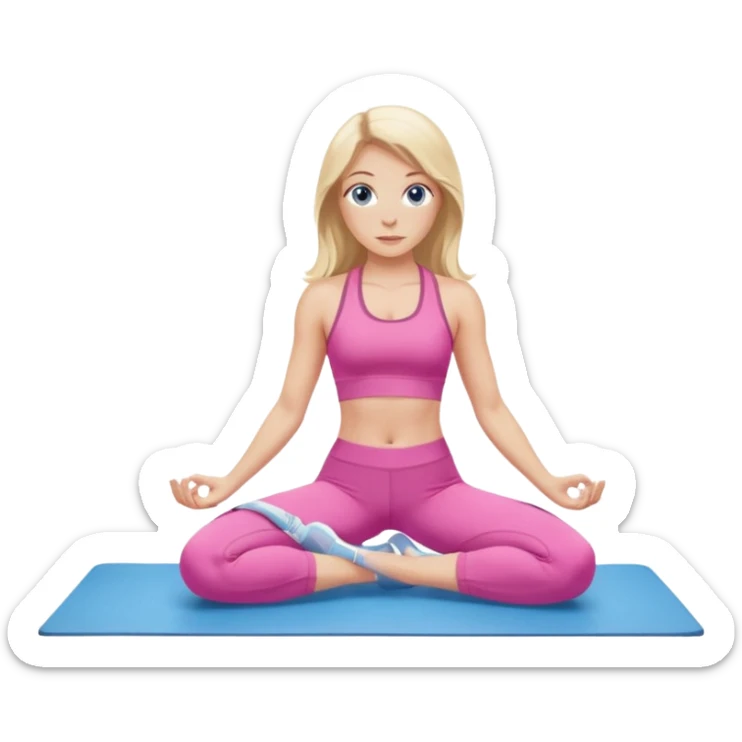  long blown out blonde hair woman blue eyes wearing pink workout set doing pilates sticker