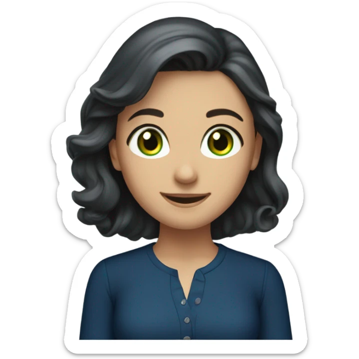 a brunette with long hair and green eyes in a dark blue blouse smiles sweetly sticker