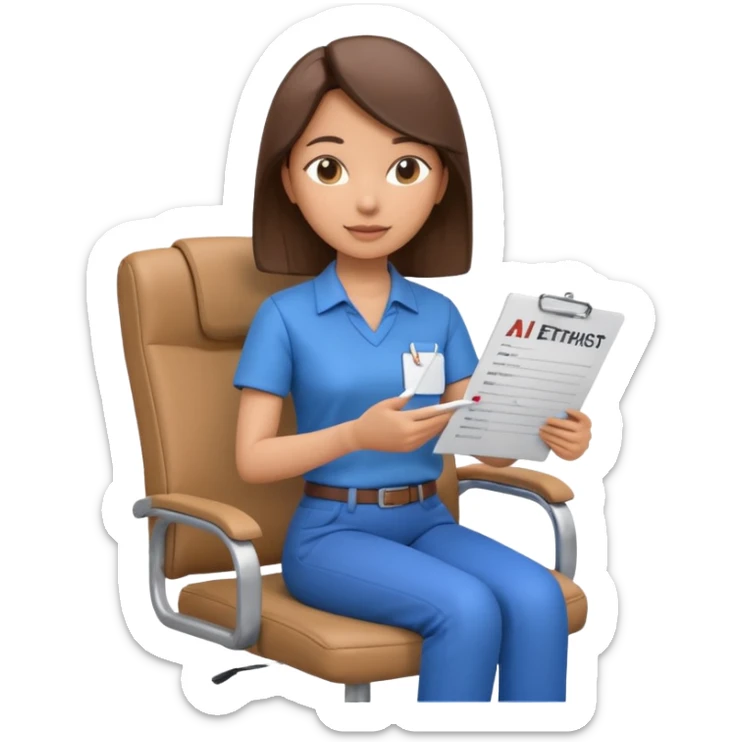 Generate an emoji of a female AI ethicist in blue shirt brown pant sitting in a chair and has a checklist stating AI ethics elements like stop bias, fairness score. I want 3d figurine sticker