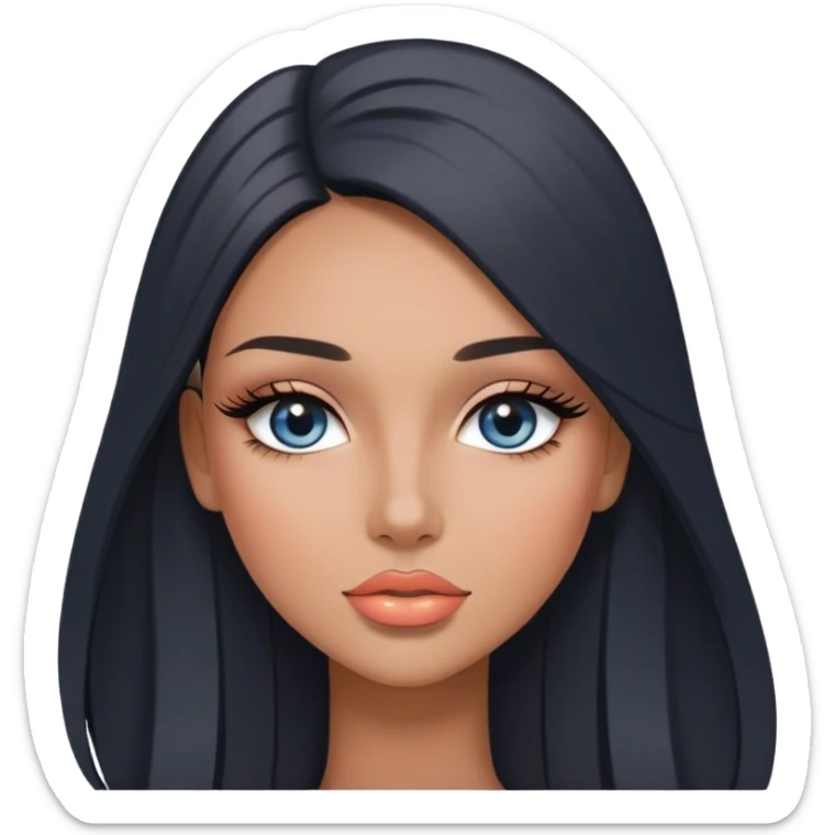 Glamours, tanned, very beautiful girl, with big pump peach-beige-rose lips, long long lashes, black straight smooth silky long hair, straight parting hair, blue-grey eyes sticker