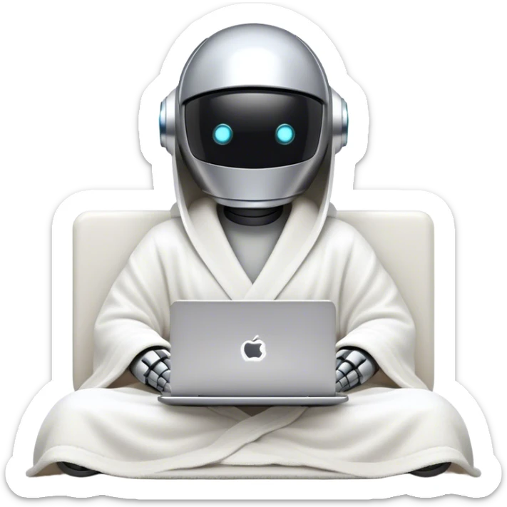 An emoji of a remote-working robot, sitting comfortably with coffee and laptop wrapped in a cozy bathrobe. The robot's head resembles a sleek, futuristic helmet with a smooth, reflective surface. Its eyes are not human-like but rather glowing digital slits or circular LED indicators. sticker