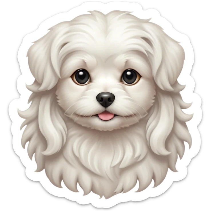 Cinematic Noble Wavy-Haired Maltese Dog Portrait Emoji, Poised and regal, with a delicate, compact build and a pristine, wavy-haired white coat that cascades in gentle curls, deep-set soulful dark eyes, Simplified yet sharp and sophisticated features, highly detailed, glowing with a soft, dignified glow, high shine, intelligent and gentle, stylized with an air of refinement, focused and attentive, soft glowing outline, capturing the essence of a watchful and graceful companion, so majestic it feels as though it could prance out of the screen with effortless authority! sticker