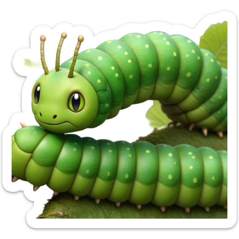Cinematic Realistic Noble Caterpillar Portrait Emoji, Poised and serene, with a slender, segmented body covered in vivid, detailed green scales accented by subtle natural patterns, and a tiny, focused face with delicate, inquisitive eyes, rendered with lifelike texture and soft natural lighting, high shine, intelligent and delicate, styled with an air of woodland elegance, focused and attentive, soft glowing outline, capturing the essence of a watchful and confident looper caterpillar that appears ready to inch gracefully out of the screen with natural authority! sticker