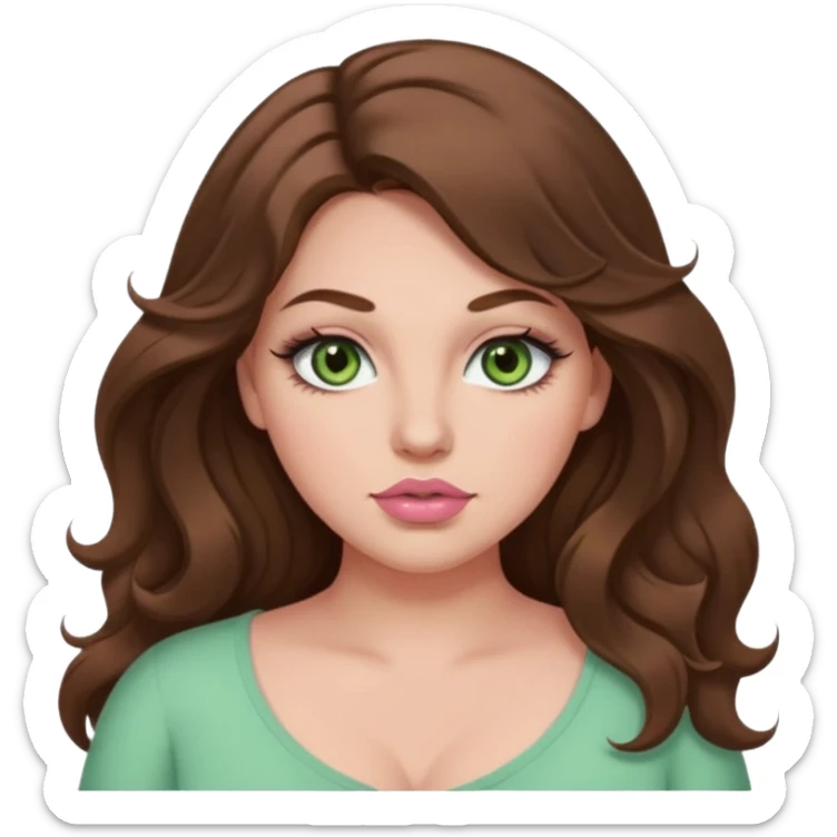 Girl girl long wavy brown hair, pale green eyes, plus size, thick eyelashes, tan skin, pale pink lips sticker