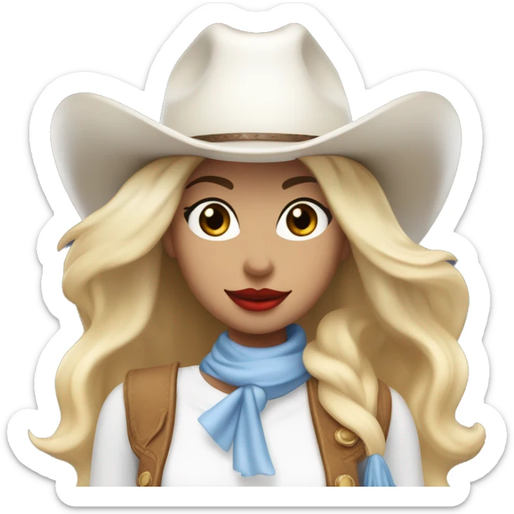 cowgirl with a white cowgirl hat and white scarf and blonde blowout with red lipstick and blue eyes and a dimple and a white top sticker