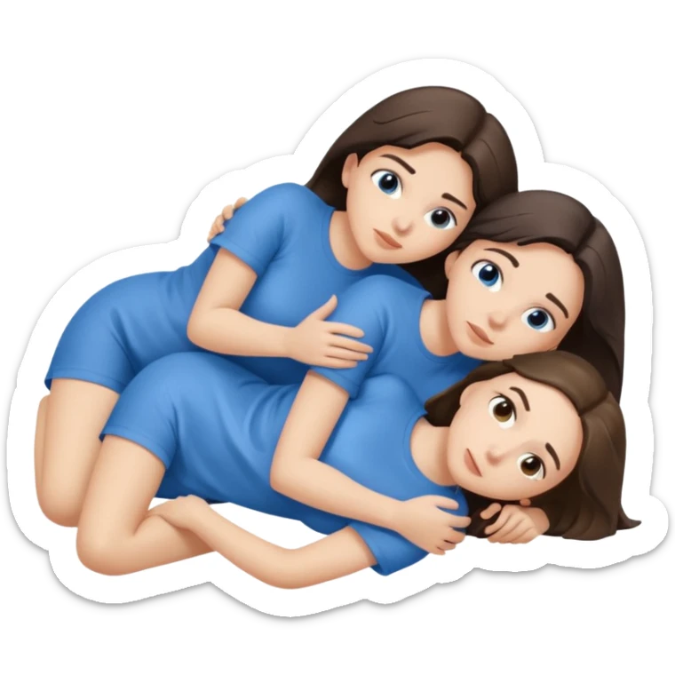 two white brunette women lying down full body on top of each other wrapped around each other one wearing a blue shirt they should be melting into each other sticker