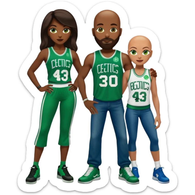 48-year-old dark skin black woman with brown eyes, long dark brown hair dressed in sexy 
celtics jersey costume outfit wearing stilettos. A bald white man with ginger beard. he has blue/green  eyes, wearing a Jason Tatum Boston Celtics Jersey, jeans & green Nike sneakers  sticker