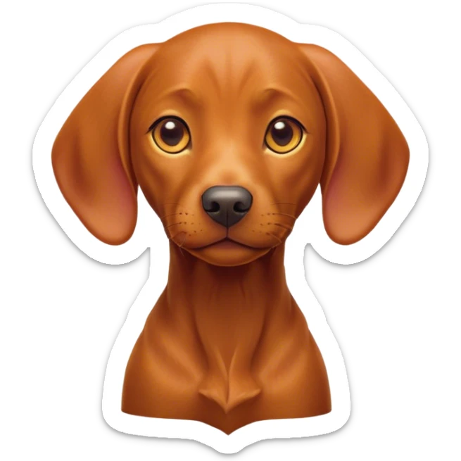 Cinematic Cute Vizsla Portrait Emoji, Head tilted playfully and inquisitively, featuring a sleek rust and gold Fur with a natural sheen, round, sparkling amber eyes filled with curiosity, Simplified yet irresistibly adorable features, highly detailed, glowing with a warm, friendly glow, high shine, affectionate and spirited, stylized with a touch of whimsy, bright and endearing, soft glowing outline, capturing the essence of a mischievous yet loving companion, so playful it feels like it could dash out of the screen and into your arms! sticker