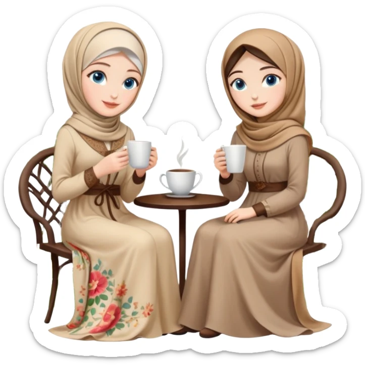 Turkish beautiful finish Konya girls blue eyes with Beautiful beige floral hijab long tail dress and the two friends in a lovely garden sits on the chair on the ground and holds cup coffe with her hand  sticker