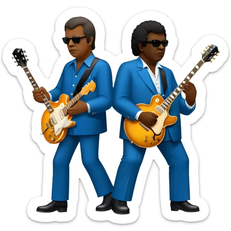 Icon for Blues Music: close-up collage of legendary blues artists. Gary Moore, Eric Clapton, B.B. King and Joe Cocker. Represented by silhouettes or symbolic items like guitars, microphones, or music notes, reflecting the soulful energy of blues music. Transparent background. sticker