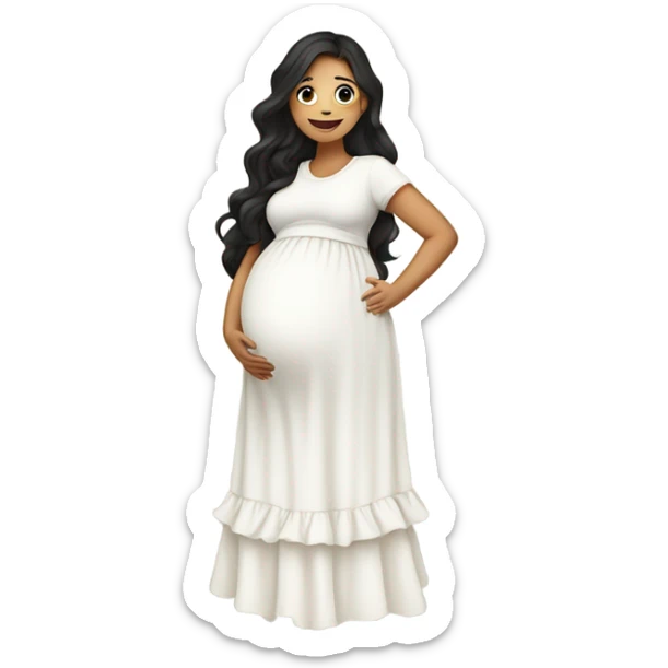 A pregnant girl with long dark hair in a white dress with ruffles looks at her pregnant belly, hugs it with her arms and smiles sticker