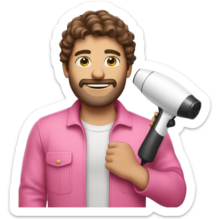 Man with brown hair and pink outfit and hairdryer sticker