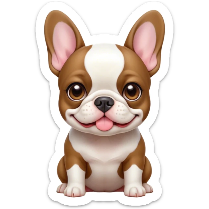 Cinematic Cute Pied French Bulldog Portrait Emoji, Head tilted with a sweet, mischievous grin and large, inviting eyes, featuring a unique pied fur of contrasting colors, simplified yet irresistibly endearing, highly detailed, glowing with a warm, playful radiance, high shine, exuding a quirky charm and affectionate personality, styled with a soft, lighthearted outline, capturing the essence of a cute Pied French Bulldog that looks ready to charm its way into your heart! sticker
