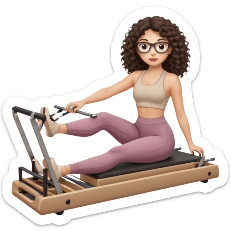 Memoji-style girl with long dark brown curly hair, round glasses, large brown eyes, soft rounded face,makeup, warm beige skin tone, wearing Pilates activewear performing Pilates and reformer Pilates exercises on a reformer machine, pastel color palette, smooth soft shading sticker