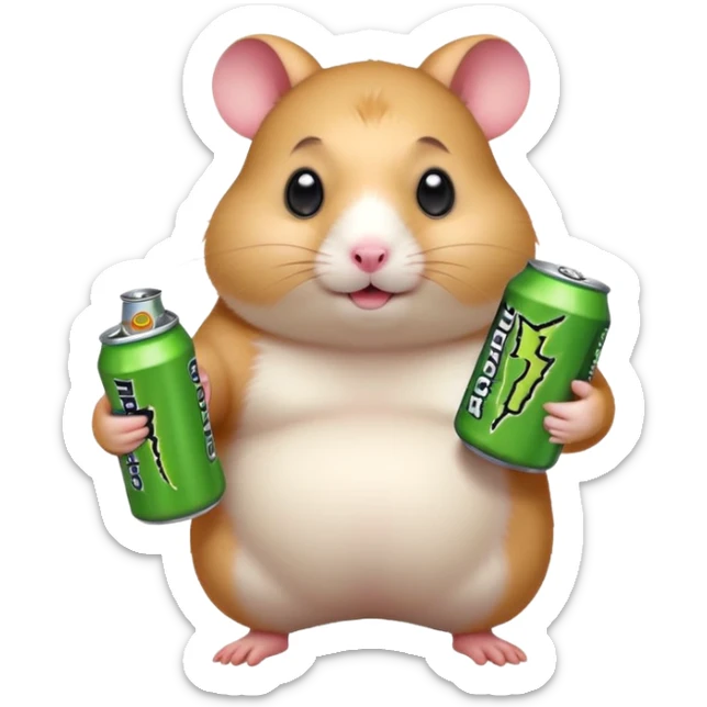 Funny cartoon-style fat hamster with big wide eyes  holding a can of monster energy in one hand and redbull in the other hand sticker