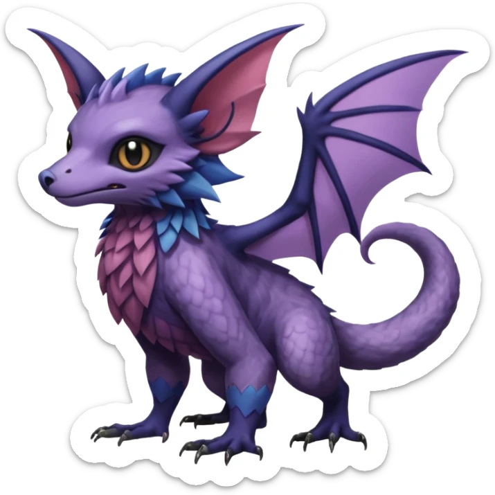 Realistic scaly swampy elemental detailed Colorful Trico-Noibat-Golbat-acrobat-Sergal-Furret-Ferret-Gryphon-Vernid-furry-fursona-fusion-Fakemon-animal-hybrid-creature, full body sticker