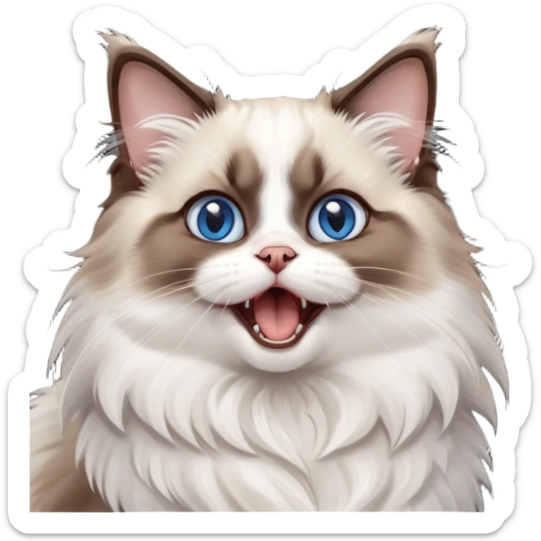 cinematic-adorable-big-eyed-fluffy-dark brown and white ragdoll-cat-portrait-emoji,-head-tilted-playfully-with-a-cute,-yawn,-soft-brown-and white-colored-fur-with-darker-points-on-the-ears,-simplified-yet-irresistibly-cute-features, sparkling blue eyes sticker